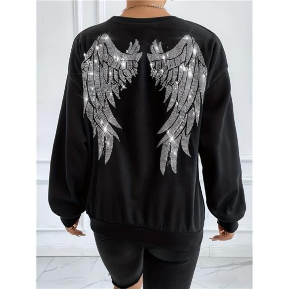 Rhinestone sweater Angel Wings Sweatshirt,  Long Sleeve Crew Neck sweater shiny - Picture 6 of 12